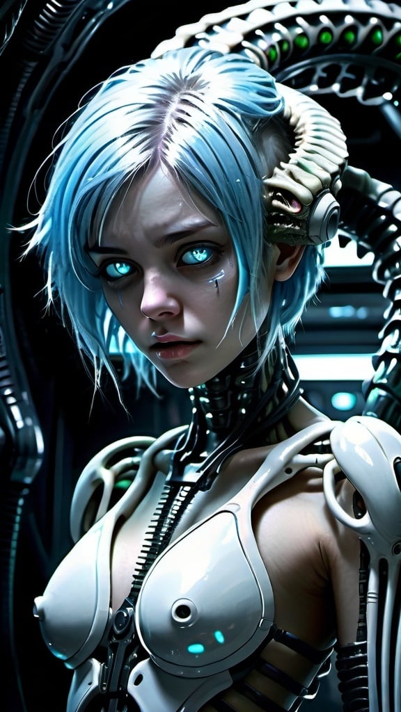 Prompt: Anime girl with icy blue hair, cybernetic enhancements, hiding from Xenomorph dinosaur, intense and scary, dark fantasy, H R Giger art style, highres, detailed, cyberpunk, dark tones, futuristic, intense lighting, detailed eyes, professional, atmospheric