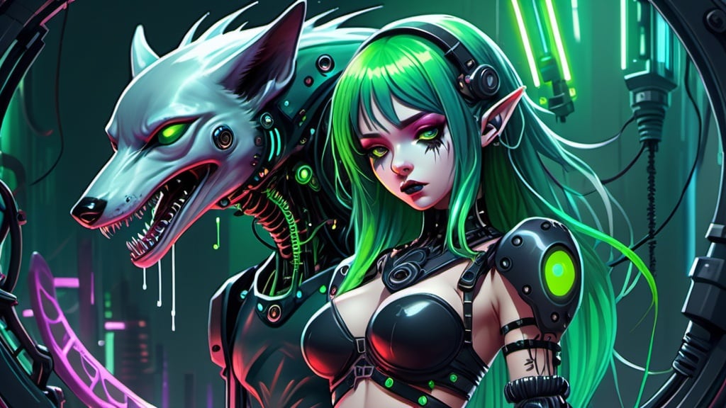 Prompt: Anime depiction of a melancholic elf girl with cybernetic enhancements, featuring a machine girl with goth clothes and green hair, intense and scary, hardcore horror style, dark fantasy with saturated colors, detailed wolf and dolphin, PC88 inspired, Dreamcast vibes, highres, ultra-detailed, dark tones, cybernetic, kawaii, large chest, net art, cute, professional, atmospheric lighting