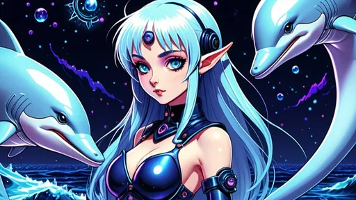 Prompt: 90's Anime depiction of a melancholic elf girl with cybernetic enhancements, featuring a classic anime machine girl with goth clothes and midnight blue hair, dreamy and spacey, dark fantasy with saturated colors, detailed white dolphin with icy blue eyes, Dolphin in background, sega dreamcast vibes, cute, large chest, 