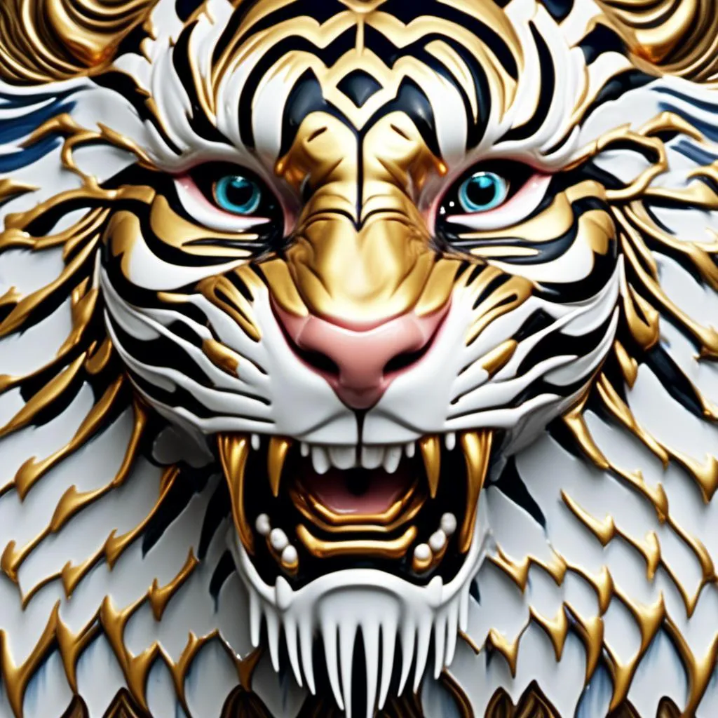 Prompt: <mymodel> snarling tiger animal face, cracked porcelain face with gold underneath, eyes open, porcelain lips, renaissance art style, plain border embellished with gold, dramatic, renaissance, detailed features, golden accents, vintage, artstyle-renaissance