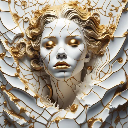 Prompt: <mymodel> cracked porcelain face emerging from white background, gold underneath, eyes open, porcelain lips, renaissance art style, dreamlike, surreal, highly detailed border embellished with gold, detailed, cracked texture, surreal dream, dramatic atmospheric lighting, renaissance, dreamy, surrealistic, detailed features, golden accents, vintage, artstyle-renaissance