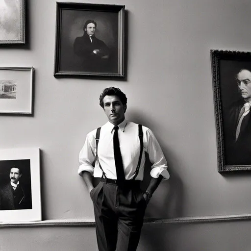 Prompt: <mymodel> a business executive leaning against office wall. Gelatin silver print, black and white.
