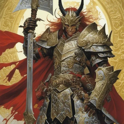 Prompt: An anthropomorphic devil-king in <mymodel> artstyle by Donato Giancola and Terese Nielsen, elaborately decorated medeval armor with gold patterns, waving a battle-axe