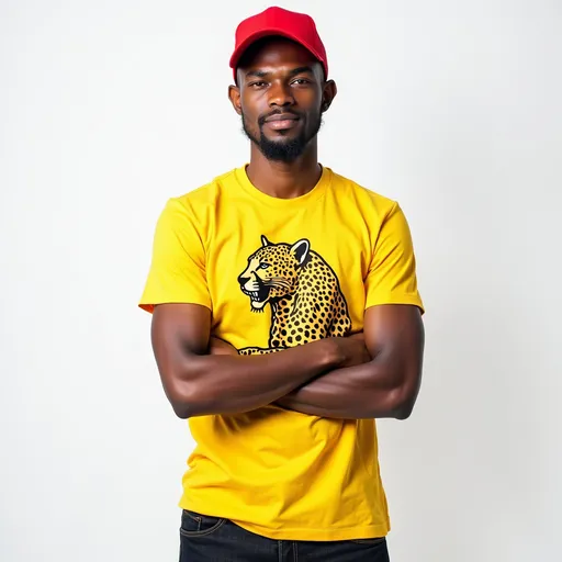 Prompt: Against a clean, white backdrop, a man stands confidently with a slight smirk, showcasing a vibrant yellow t-shirt emblazoned with a colorful, decorative graphic of a leopard. His arms are crossed in front of him, and he wears dark jeans that contrast with the brightness of his shirt. A red cap rests atop his head, adding a pop of color and a casual flair to his outfit. The lighting is even and soft, illuminating his features, which reflect a relaxed yet engaging demeanor, suggesting a sense of approachability and style. The overall composition conveys a modern and laid-back vibe, perfect for a fashion-forward portrait.