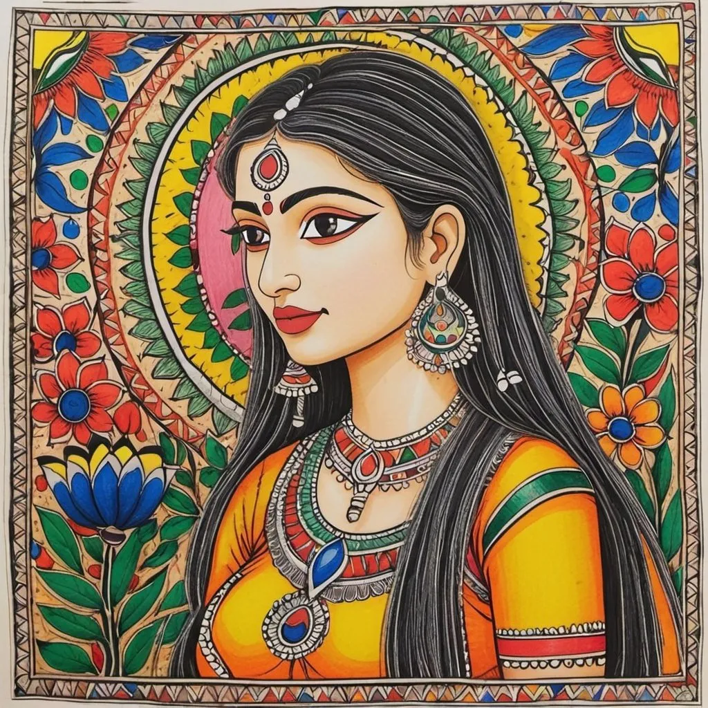 Prompt: colorful Madhubani painting with a lady looking right and with a border around that has flowers 