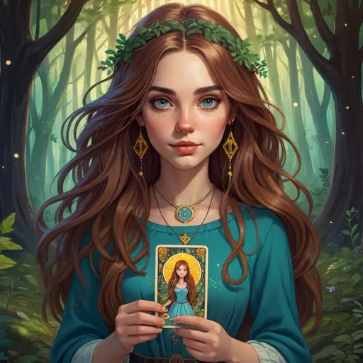 Prompt: Character portrait of a cartoon girl in a warm, bright forest setting, holding a tarot card with a zodiac sign, long hair, detailed facial features, Alice Prin, altermodern, high quality, warm tones, detailed hair, vibrant colors, fantasy, whimsical, tarot, zodiac sign, forest setting, bright lighting, professional