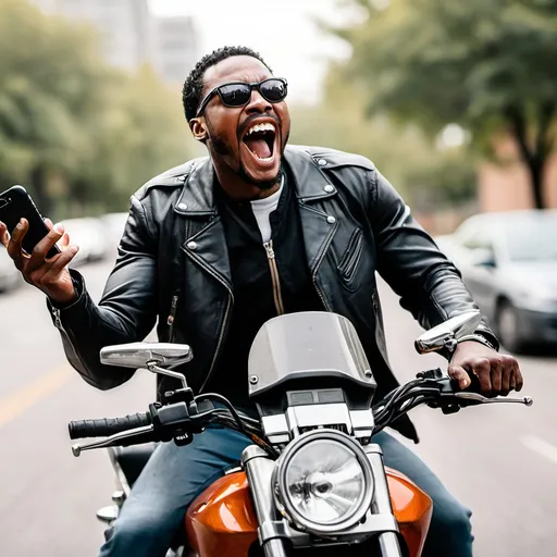 Prompt: un homme noir sur sa moto tenant sont portable en main et crie de joie
