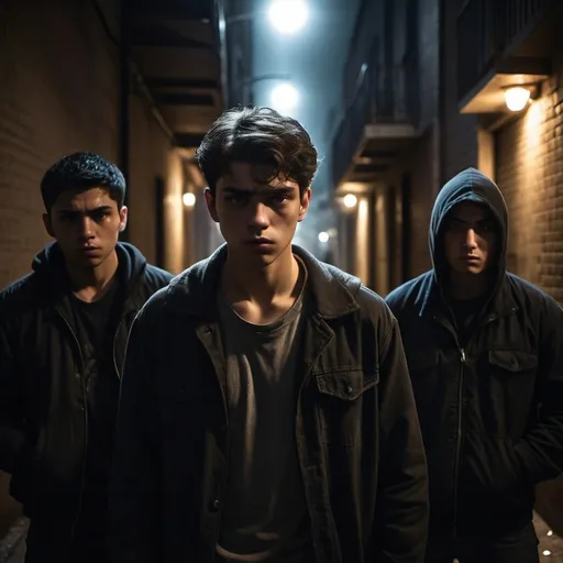 Prompt: A young 19 years old young man, facing three criminal who try to harm him in the middle of the night.