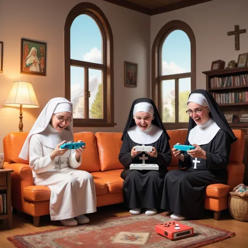 Prompt: Nuns playing nintendo wii