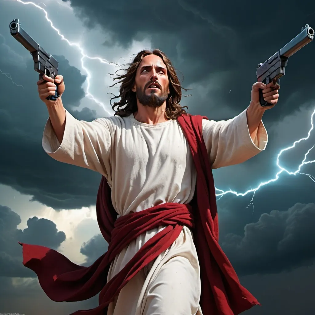 Prompt: Jesus doublewielding guns