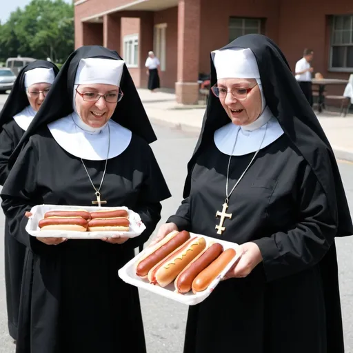 Prompt: Nuns eating hot dogs