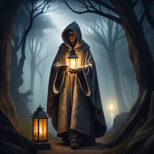 Prompt: A mysterious traveler on a journey for wisdom, wearing a long, flowing cloak with intricate patterns symbolizing knowledge and exploration. They hold a glowing lantern that radiates warmth and guidance, illuminating their path through a misty, mystical forest. The figure is partially obscured by shadows, with a serene and contemplative expression, suggesting quiet determination. The background features ancient ruins and a starry night sky, adding a sense of timelessness and wonder. The overall color palette is a mix of deep blues, soft golds, and earthy tones, creating an ethereal and reflective atmosphere.