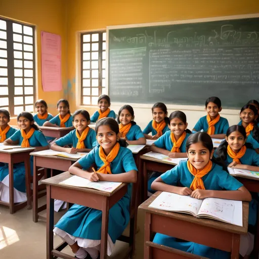 Prompt: An energetic and colorful Indian classroom scene featuring students in traditional school uniforms. The room is filled with natural sunlight pouring through large windows, illuminating students sitting at colorful desks. The chalkboard at the front of the room displays both English and Hindi inspirational quotes and playful drawings. The walls are decorated with educational posters, student art, and charts. The teacher, dressed in traditional Indian attire, stands at the front holding a book and smiling, while students actively participate, raising their hands or working together in small groups. The atmosphere is lively and filled with curiosity, representing a positive learning environment."