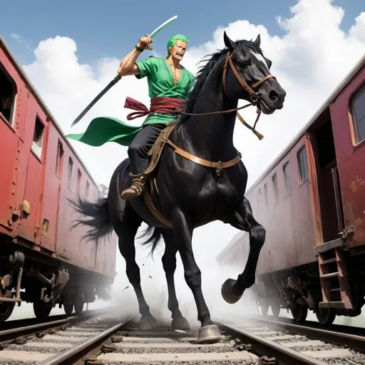 Prompt: Zoro runs with his black horse on train cars and fights with swords