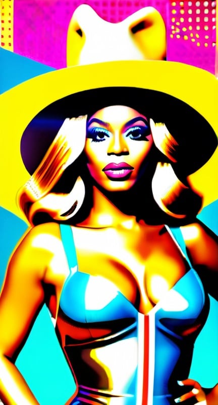 Prompt: Generate an AI image featuring Beyoncé wearing a cowboy hat of a typical size and an iconic outfit, set against a backdrop that depicts a futuristic desert landscape on another planet. Ensure that the background has dynamic colors to create a vibrant and visually captivating scene, evoking feelings of wealth and abundance without resembling Andy Warhol’s Marilyn Monroe art. Accompany Beyoncé with a disco horse adorned in a unique manner, such as covered in disco ball tiles or another distinctive decoration, with a color scheme emphasizing vibrant, bold colors. Ensure that Beyoncé’s facial features are accurately represented without distortion. Use captivating compositions to celebrate modernity and innovation in the image, while maintaining the vintage aesthetic. Let the scene capture the spirit of Beyoncé’s song ‘This Ain’t Texas,’ infusing it with a sense of empowerment and confidence.
