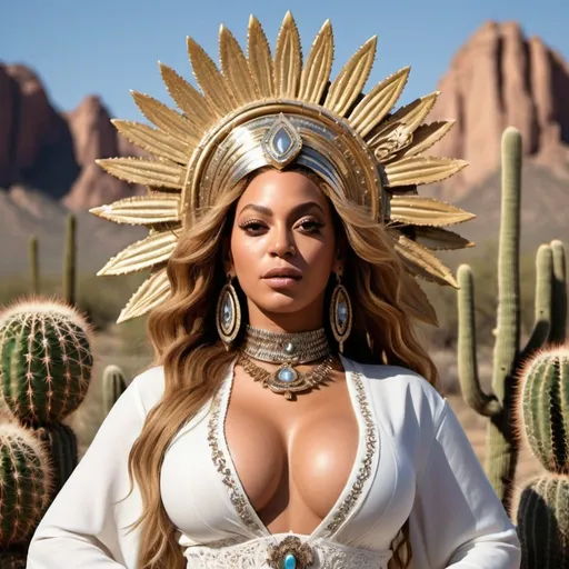 Prompt: Generate an AI image depicting Beyoncé embodying the essence of her song ‘This Ain’t Texas,’ transformed into the likeness of Buddha, with a Western twist inspired by the American Wild West. Beyoncé should exude profound serenity, wisdom, and empowerment, with features reminiscent of Buddha’s iconic depiction, such as a serene expression and closed eyes that emanate inner peace and enlightenment. Ensure that her facial features maintain recognizable elements of Beyoncé’s likeness, such as her hairstyle or facial structure, while embodying the spiritual essence of Buddha with a Western flair. Show Beyoncé’s body and outfit in a way that reflects her iconic style, exuding confidence, strength, and empowerment, with elements of Western fashion such as a cowboy hat or Western-inspired clothing. Additionally, ensure that Beyoncé’s third eye chakra is visible, radiating a vibrant energy that symbolizes intuition, insight, and spiritual awareness. Set the scene with a backdrop that evokes the spirit of the American Wild West, such as a rugged desert landscape with tumbleweeds, cacti, and old wooden structures reminiscent of the Old West frontier. Let the composition convey a sense of overcoming trials and tribulations, with Beyoncé embodying resilience, determination, and triumph over adversity, resonating with the themes of her song.”