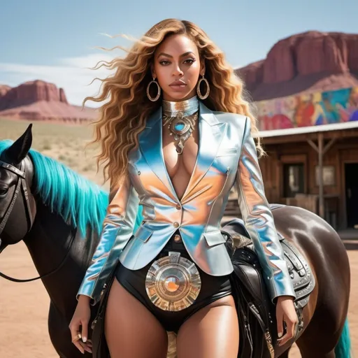 Prompt: Generate an AI-generated image featuring a dynamic scene with Beyoncé and a disco horse, blending elements of the Wild West, futuristic landscapes, and urban aesthetics. Beyoncé should exude confidence and charisma, while the disco horse adds a touch of whimsy. Beyoncé should be wearing a bolo neck tie. Infuse the image with vibrant colors, bold shapes, and hints of both traditional Wild West motifs and futuristic elements, creating a captivating visual composition that celebrates modernity and innovation