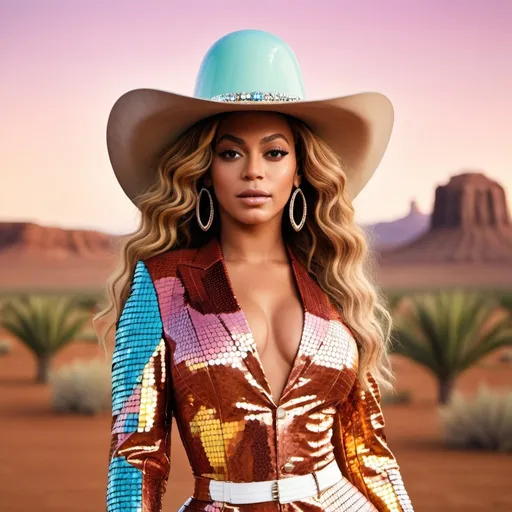 Prompt: “Generate an AI image featuring Beyoncé wearing a cowboy hat and an iconic outfit, set against a backdrop that blends a futuristic or otherworldly interpretation of a western desert landscape. Accompany her with a disco horse adorned in a unique manner, such as covered in disco ball tiles or another distinctive decoration, with a color scheme emphasizing vibrant, bold colors. Ensure that Beyoncé’s facial features are accurately represented without distortion. Use captivating compositions to celebrate modernity and innovation in the image. 