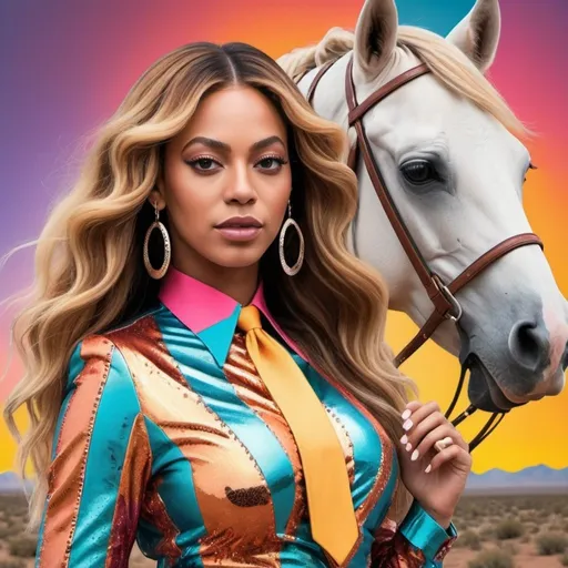 Prompt: Generate an AI-generated image featuring a dynamic scene with Beyoncé and a disco horse, blending elements of the Wild West, futuristic landscapes, and urban aesthetics. Beyoncé should exude confidence and charisma, while the disco horse adds a touch of whimsy. Beyoncé should be wearing a bolo neck tie. Infuse the image with vibrant colors, bold shapes, and hints of both traditional Wild West motifs and futuristic elements, creating a captivating visual composition that celebrates modernity and innovation