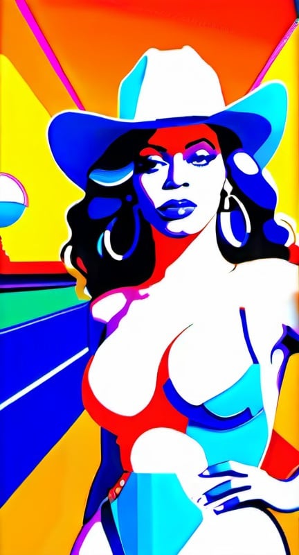 Prompt: Generate an AI image featuring Beyoncé wearing a cowboy hat of a typical size and an iconic outfit, set against a backdrop that depicts a futuristic desert landscape on another planet. Ensure that the background has dynamic colors to create a vibrant and visually captivating scene, evoking feelings of wealth and abundance. Accompany Beyoncé with a disco horse adorned in a unique manner, such as covered in disco ball tiles or another distinctive decoration, with a color scheme emphasizing vibrant, bold colors. Ensure that Beyoncé’s facial features are accurately represented without distortion. Use captivating compositions to celebrate modernity and innovation in the image, while maintaining the vintage aesthetic. Let the scene capture the spirit of Beyoncé’s song ‘This Ain’t Texas,’ infusing it with a sense of empowerment and confidence
