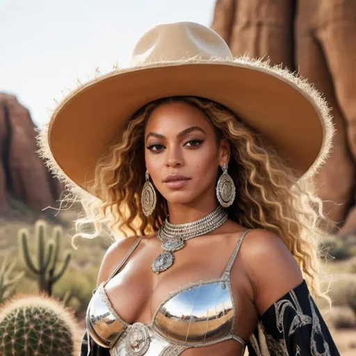 Prompt: “Generate an AI image depicting Beyoncé embodying the essence of her song ‘This Ain’t Texas,’ with a Western twist inspired by the American Wild West and deeply rooted in American Black culture. Beyoncé should be portrayed in a full-body depiction, exuding profound serenity, wisdom, and empowerment. Ensure that her facial features maintain recognizable elements of Beyoncé’s likeness, such as her hairstyle or facial structure, while reflecting the spiritual essence of inner peace and enlightenment. Show Beyoncé’s full body and outfit in a way that reflects her iconic style and American Black culture, incorporating elements such as traditional African patterns, jewelry, or attire inspired by African-American fashion. Additionally, ensure that Beyoncé’s presence radiates a powerful high vibrational energy, symbolized by her confident posture and the aura of positivity and empowerment surrounding her. Set the scene with a backdrop that evokes the spirit of the American Wild West, such as a rugged desert landscape with tumbleweeds, cacti, and old wooden structures reminiscent of the Old West frontier. Let the composition radiate a profound sense of cultural richness, empowerment, and enlightenment, resonating with the themes of Beyoncé’s song and uplifting the viewer’s spirit.”