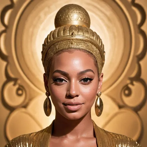 Prompt: Generate an AI image depicting Beyoncé embodying the essence of her song ‘This Ain’t Texas,’ transformed into the likeness of Buddha. Beyoncé should exude serenity and wisdom, with features reminiscent of Buddha’s iconic depiction, such as a serene expression, closed eyes, and a serene smile. Ensure that her facial features maintain recognizable elements of Beyoncé’s likeness, such as her hairstyle or facial structure, while embodying the spiritual essence of Buddha. Show Beyoncé’s body and outfit, which should reflect her iconic style, exuding confidence and empowerment. Set the scene with a backdrop that complements the themes of the song and the spiritual nature of the imagery, such as a serene natural landscape or a celestial setting. Let the composition convey a sense of peace, enlightenment, and inner strength, resonating with the themes of Beyoncé’s song.