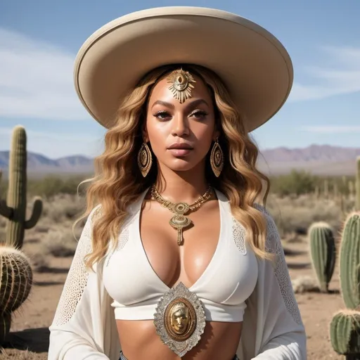 Prompt: Generate an AI image depicting Beyoncé embodying the essence of her song ‘This Ain’t Texas,’ transformed into the likeness of Buddha, with a Western twist inspired by the American Wild West. Beyoncé should exude profound serenity, wisdom, and empowerment, with features reminiscent of Buddha’s iconic depiction, such as a serene expression and closed eyes that emanate inner peace and enlightenment. Ensure that her facial features maintain recognizable elements of Beyoncé’s likeness, such as her hairstyle or facial structure, while embodying the spiritual essence of Buddha with a Western flair. Show Beyoncé’s body and outfit in a way that reflects her iconic style, exuding confidence, strength, and empowerment, with elements of Western fashion such as a cowboy hat or Western-inspired clothing. Additionally, ensure that Beyoncé’s third eye chakra is visible, radiating a vibrant energy that symbolizes intuition, insight, and spiritual awareness. Set the scene with a backdrop that evokes the spirit of the American Wild West, such as a rugged desert landscape with tumbleweeds, cacti, and old wooden structures reminiscent of the Old West frontier. Let the composition radiate a profound sense of inner strength, self-assurance, and spiritual growth, resonating with the themes of Beyoncé’s song.”