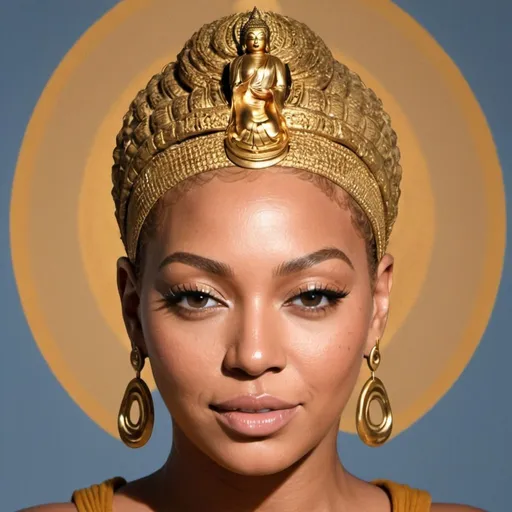 Prompt: Generate an AI image depicting Beyoncé embodying the essence of her song ‘This Ain’t Texas,’ transformed into the likeness of Buddha. Beyoncé should exude serenity and wisdom, with features reminiscent of Buddha’s iconic depiction, such as a serene expression, closed eyes, and a serene smile. Ensure that her facial features maintain recognizable elements of Beyoncé’s likeness, such as her hairstyle or facial structure, while embodying the spiritual essence of Buddha. The background should reflect elements that evoke Beyoncé’s song, such as symbolic imagery or motifs related to empowerment, confidence, and self-assurance. Let the composition convey a sense of peace, enlightenment, and inner strength, resonating with the themes of Beyoncé’s song.”