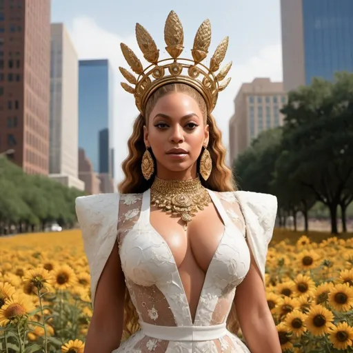 Prompt: “Generate an AI image depicting Beyoncé embodying the essence of her song ‘This Ain’t Texas,’ with a Western twist inspired by the American Wild West and deeply rooted in African-American culture, particularly that of inner-city Houston, Texas. Beyoncé should be portrayed as a regal queen, exuding profound serenity, wisdom, and empowerment, with features reminiscent of royalty. Ensure that her facial features maintain recognizable elements of Beyoncé’s likeness, such as her hairstyle or facial structure, while reflecting the spiritual essence of inner peace and enlightenment. Show Beyoncé as a queen adorned with regal attire, incorporating elements of African-American culture and urban fashion. Additionally, visualize Beyoncé surrounded by a swarm of bees, symbolizing her power, influence, and connection to nature. Ensure that Beyoncé’s presence radiates a powerful high vibrational energy, symbolized by her confident posture and the aura of positivity and empowerment surrounding her. Set the scene with a backdrop that combines elements of the American Wild West with inner-city Houston, such as street art, city lights, and skyscrapers in the distance, juxtaposed with natural elements like desert landscapes and wildflowers. Let the composition radiate a profound sense of cultural richness, empowerment, and enlightenment, resonating with the themes of Beyoncé’s song and uplifting the viewer’s spirit. Ensure that every aspect of Beyoncé’s portrayal aligns with the vibrant cultural landscape of inner-city Houston, Texas, while incorporating the symbolism of bees as a representation of her regal status and connection to nature.”