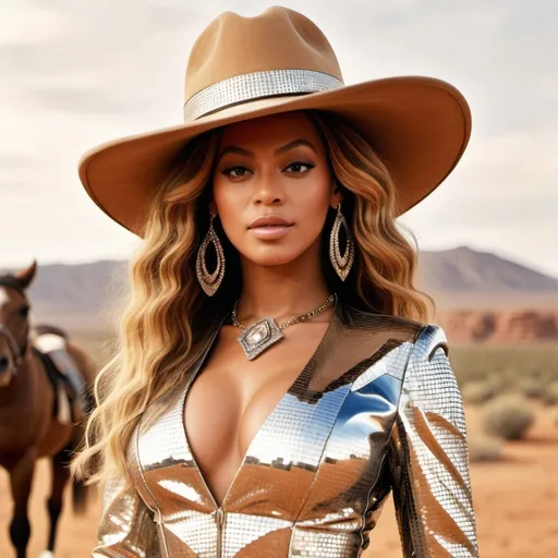 Prompt: Generate an AI image featuring Beyoncé wearing a cowboy hat and an iconic outfit, set against a backdrop that blends a futuristic or otherworldly interpretation of a western desert landscape, rendered in sepia or black and white to evoke the appearance of an old photograph from old western times. Accompany her with a disco horse adorned in a unique manner, such as covered in disco ball tiles or another distinctive decoration, with a color scheme emphasizing vibrant, bold colors. Ensure that Beyoncé’s facial features are accurately represented without distortion. Use captivating compositions to celebrate modernity and innovation in the image, while maintaining the vintage aesthetic.