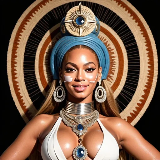 Prompt: Generate an AI image depicting Beyoncé embodying the essence of her song ‘This Ain’t Texas,’ transformed into the likeness of Buddha, with a Western twist. Beyoncé should exude profound serenity, wisdom, and empowerment, with features reminiscent of Buddha’s iconic depiction, such as a serene expression, closed eyes, and a radiant smile that emanates inner peace and confidence. Ensure that her facial features maintain recognizable elements of Beyoncé’s likeness, such as her hairstyle or facial structure, while embodying the spiritual essence of Buddha with a Western flair. Show Beyoncé’s body and outfit in a way that reflects her iconic style, exuding confidence, strength, and empowerment, with elements of Western fashion such as a cowboy hat or Western-inspired clothing. Additionally, ensure that Beyoncé’s third eye chakra is visible, radiating a vibrant energy that symbolizes intuition, insight, and spiritual awareness. Set the scene with a backdrop that evokes the spirit of the Wild West, such as a rugged desert landscape with tumbleweeds, cacti, and old wooden structures. Let the composition radiate a profound sense of inner strength, self-assurance, and spiritual growth, resonating with the themes of Beyoncé’s song.”