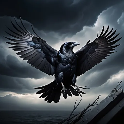 Prompt: Album cover for metal song, (dark and intense), features a raven soaring against a richly detailed, stormy backdrop, symbolizing overcoming impossible goals, haunting atmosphere, (dramatic lighting), intricate textures, high contrast between shadows and highlights, (4K ultra-detailed), inspired by themes from 'The Crow' (2024 film), powerful imagery of determination and resilience. i need the actor of the crown