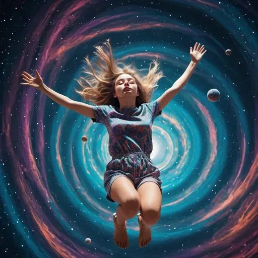 Prompt: psychedelic image of a girl falling through space 