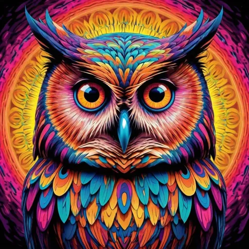 Prompt: An psychedelic abstract image of a colorful owl with hypnotic eyes.