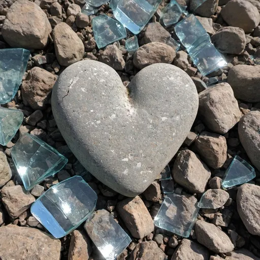 Prompt: a stone heart resting on a pile of broken glass