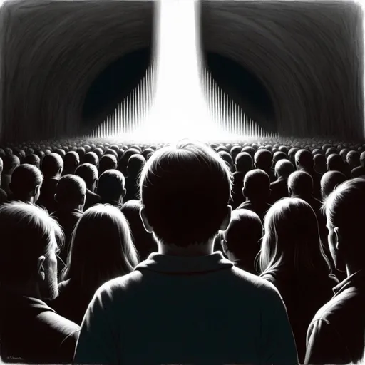 Prompt: A huddled mass of people centered around and facing an unseen bright light. the people have their heads down, and you cannot see their face. black and white, charcoal, high detail