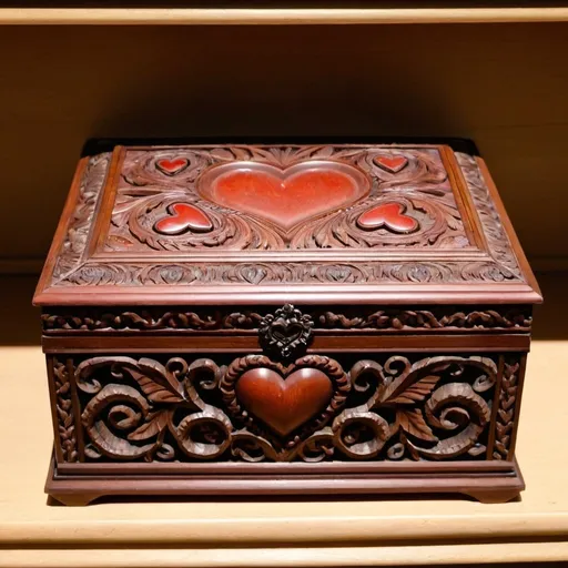 Prompt: a close up of an ornately carved box on a shelf. Inside the box is a heart