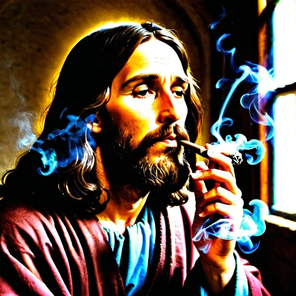 Prompt: Jesus Christ smoking a pipe