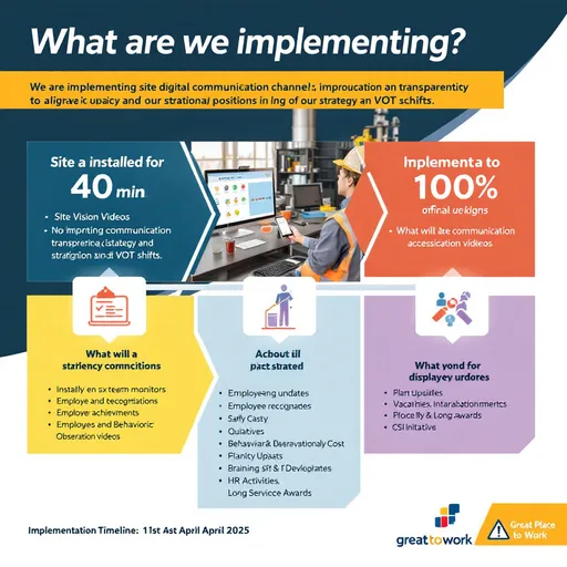 Prompt: Create info graphic using the detail
What are we implementing?
	We are implementing site digital communication channel to improve communication and transparency in alignment with our strategy and VOT actions. 
	We have already installed six monitors in strategic positions across site. 
	Content will be displayed 24/7 to ensure accessibility across all shifts.
What will be communicated on the screens
-	Site Vision Videos
-	Employee and team recognitions 
-	Employee achievements
-	Site Strategy updates and Tiger/Culinary Townhalls
-	Safety Updates & Behavioural Observation Videos
-	Plant Performance Metrics (Safety, Quality, Cost, Productivity, MECP)
-	HR updates (Vacancies, Appointments, Training & Development, Policy Updates, Birthdays, Long Service Awards)
-	Great Place to Work Updates (Site Activities & CSI Initiatives)
Implementation Timeline:
The digital communication screens will go live on 1st April 2025.



