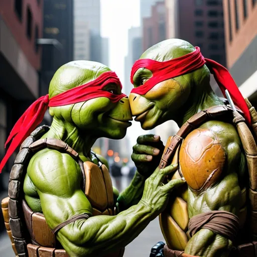 Prompt: teenage mutant ninja turtles kissing