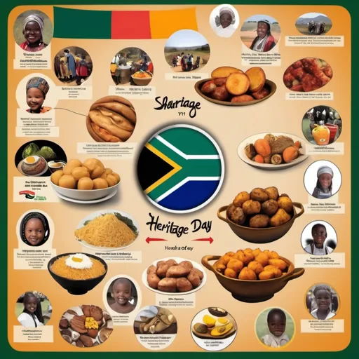 Prompt: Heritage day poster with sharing our diverse heritage through food this heritage day. (South African colours and food)