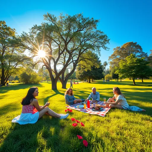 Prompt: (vibrant scene of a nice day), clear blue skies, sunlight streaming through trees, soft grass in a picturesque park, cheerful people enjoying a picnic, colorful flowers blooming, warmth and happiness radiating, (serene atmosphere), ultra-detailed, high definition, inviting and tranquil ambiance, nature surrounding with subtle hints of wildlife.