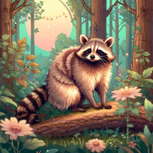 Prompt: pixel art of an raccoon at on a forest scene, fairycore, cottagecore, nostalgic, tumblrcore, detailed foliage, warm and cozy lighting, pastel tones, high quality, pixel art, fairycore atmosphere, nostalgic vibes, cozy cottagecore setting, cute raccoon design, detailed fantasy pet and fairy friend kawaii fairy