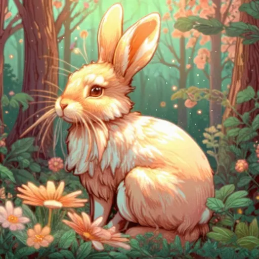 Prompt: pixel art of an hare at on a forest scene, fairycore, cottagecore, nostalgic, tumblrcore, detailed foliage, warm and cozy lighting, pastel tones, high quality, pixel art, fairycore atmosphere, nostalgic vibes, cozy cottagecore setting, cute hare design, detailed fantasy pet and fairy friend kawaii fairy