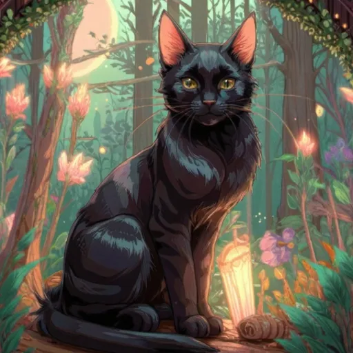 Prompt: pixel art of an black cat at on a forest scene, fairycore, cottagecore, nostalgic, tumblrcore, detailed foliage, warm and cozy lighting, pastel tones, high quality, pixel art, fairycore atmosphere, nostalgic vibes, cozy cottagecore setting, cute black cat design, detailed fantasy pet and fairy friend kawaii fairy