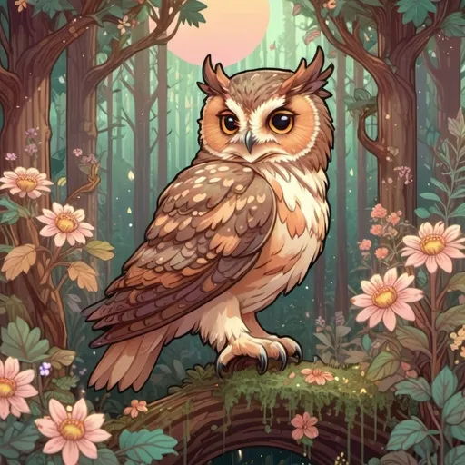 Prompt: pixel art of an owl at on a forest scene, fairycore, cottagecore, nostalgic, tumblrcore, detailed foliage, warm and cozy lighting, pastel tones, high quality, pixel art, fairycore atmosphere, nostalgic vibes, cozy cottagecore setting, cute owl design, detailed fantasy pet and fairy friend kawaii fairy