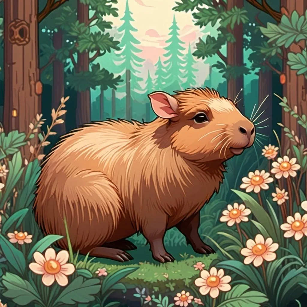 Prompt: pixel art of a capybara at on a forest scene, fairycore, cottagecore, nostalgic, tumblrcore, detailed foliage, warm and cozy lighting, pastel tones, high quality, pixel art, fairycore atmosphere, nostalgic vibes, cozy cottagecore setting, cute capybara design, detailed fantasy pet and fairy friend kawaii fairy