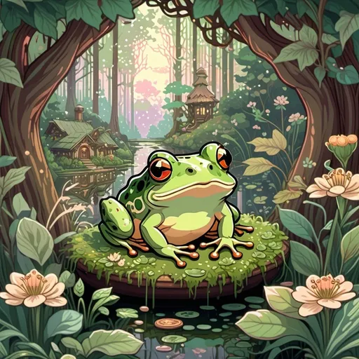 Prompt: pixel art of  frog at on a forest scene, fairycore, cottagecore, nostalgic, tumblrcore, detailed foliage, warm and cozy lighting, pastel tones, high quality, pixel art, fairycore atmosphere, nostalgic vibes, cozy cottagecore setting, cute frog design, detailed fantasy pet and fairy friend kawaii fairy