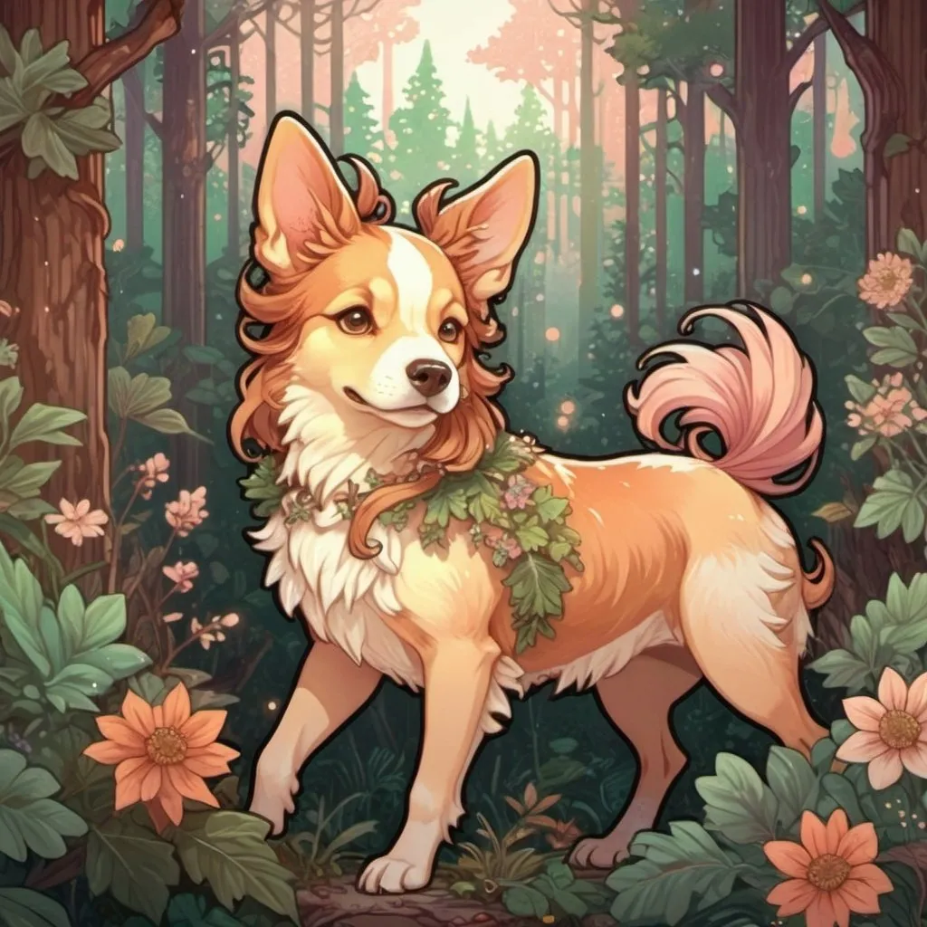 Prompt: pixel art of an fierce dog at on a forest scene, fairycore, cottagecore, nostalgic, tumblrcore, detailed foliage, warm and cozy lighting, pastel tones, high quality, pixel art, fairycore atmosphere, nostalgic vibes, cozy cottagecore setting, cute dog design, detailed fantasy pet and fairy friend kawaii fairy