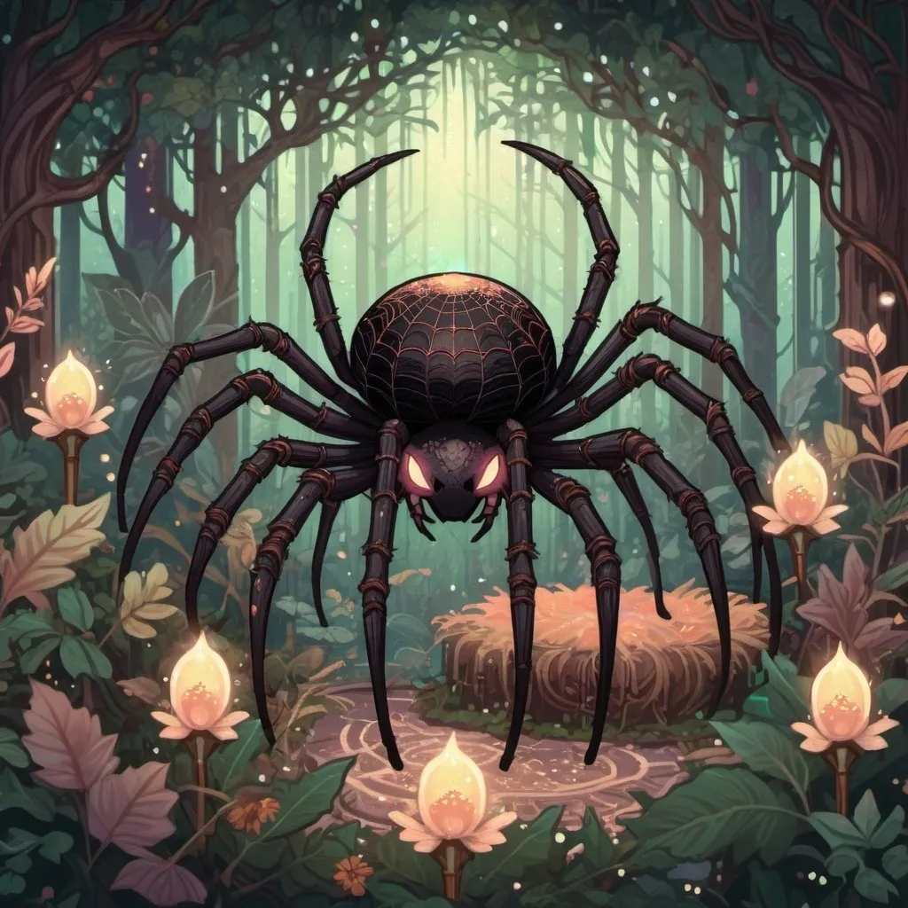 Prompt: pixel art of an dark spider at on a forest scene, fairycore, cottagecore, nostalgic, tumblrcore, detailed foliage, warm and cozy lighting, pastel tones, high quality, pixel art, fairycore atmosphere, nostalgic vibes, cozy cottagecore setting, cute spider design, detailed fantasy pet and fairy friend kawaii fairy